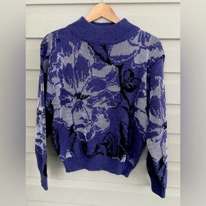 VICTORIA JONES purple floral artsy sweater mock neck chic glam sz L MINT vintage
